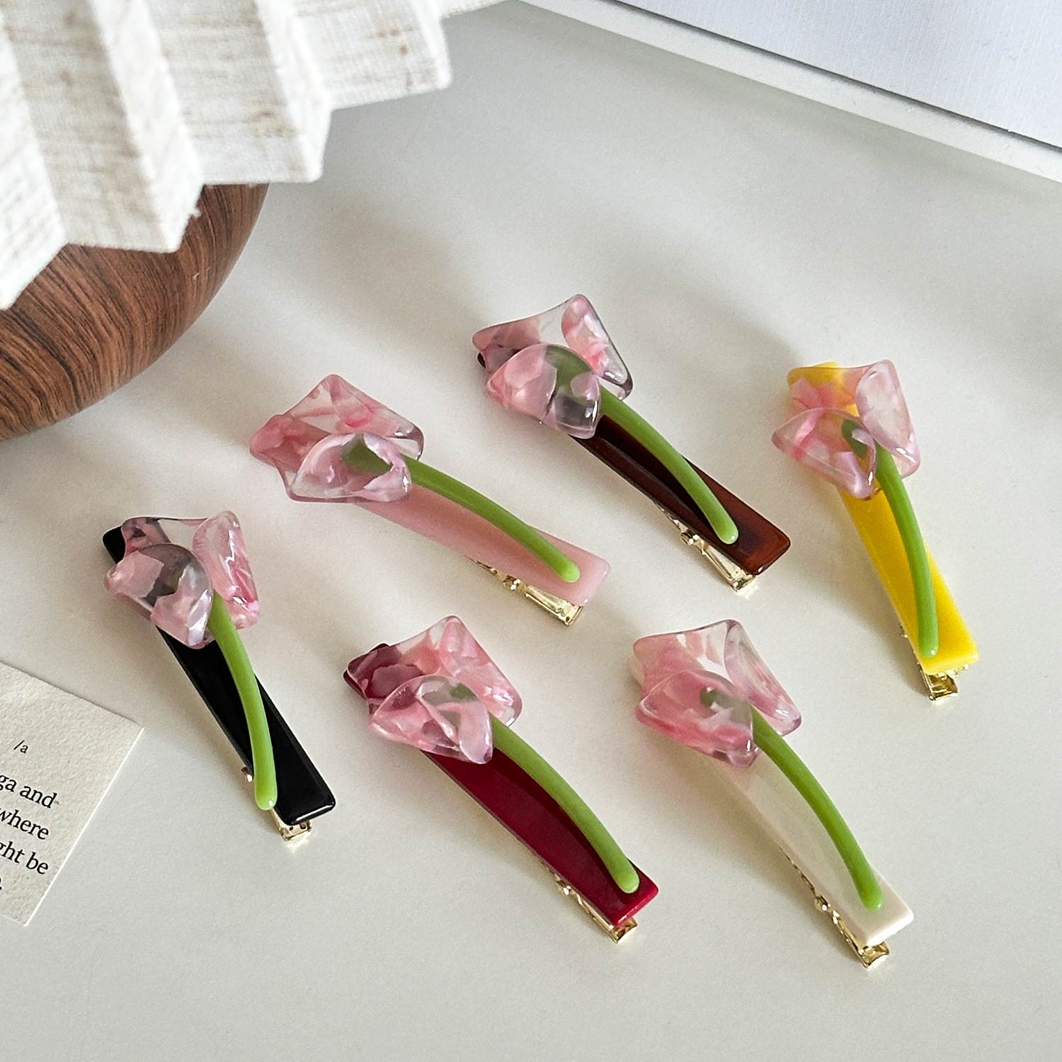 Acetat Pink Flower Tulip Clips Ingen bøjede hårnåle til piger