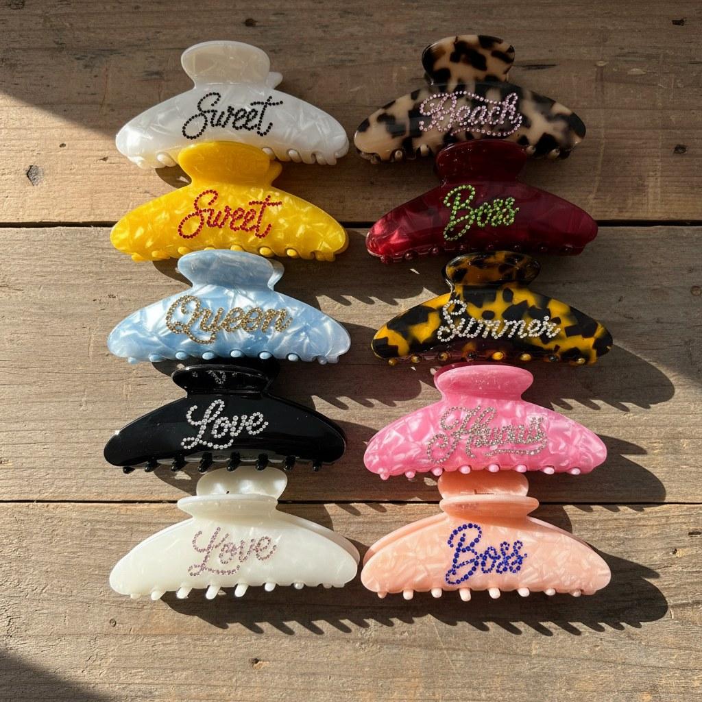 Brugerdefineret Logo Personlighed Farverige Rhinestones Acetat Hair Claw Clips til kvinder piger