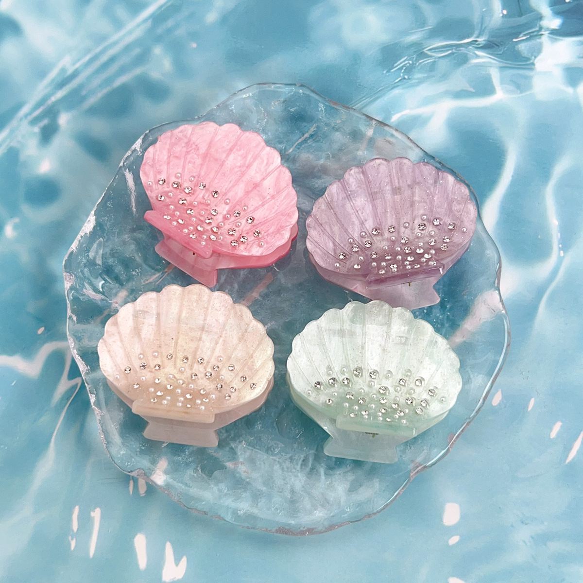 Glitter Luksus Krystal Rhinestone Hvid Acetat Hårklo Sea Shell Smykker Små Hårkloclips Hårtilbehør til kvinder